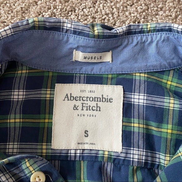 𝅺abercrombie & Fitch Muscle Fit Button Down Green Blue Plaid Shirt Men's Size S - Picture 5 of 8